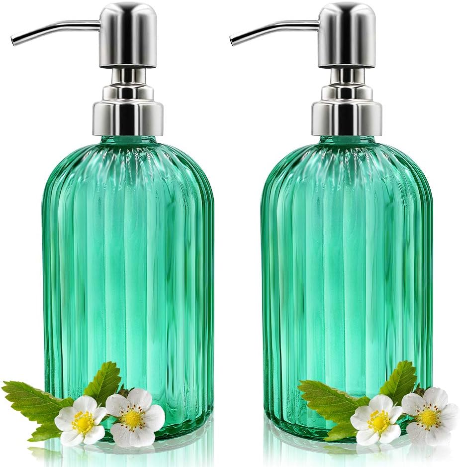 Soap Dispenser - 2 Pack 14 Oz Glass Soap Dispenser with Rust Proof Stainless Steel Pump, Refillable Liquid Bottle Dispenser, Premium Hand Jar Dispenser for Bathroom, Kitchen, Countertop (Green)