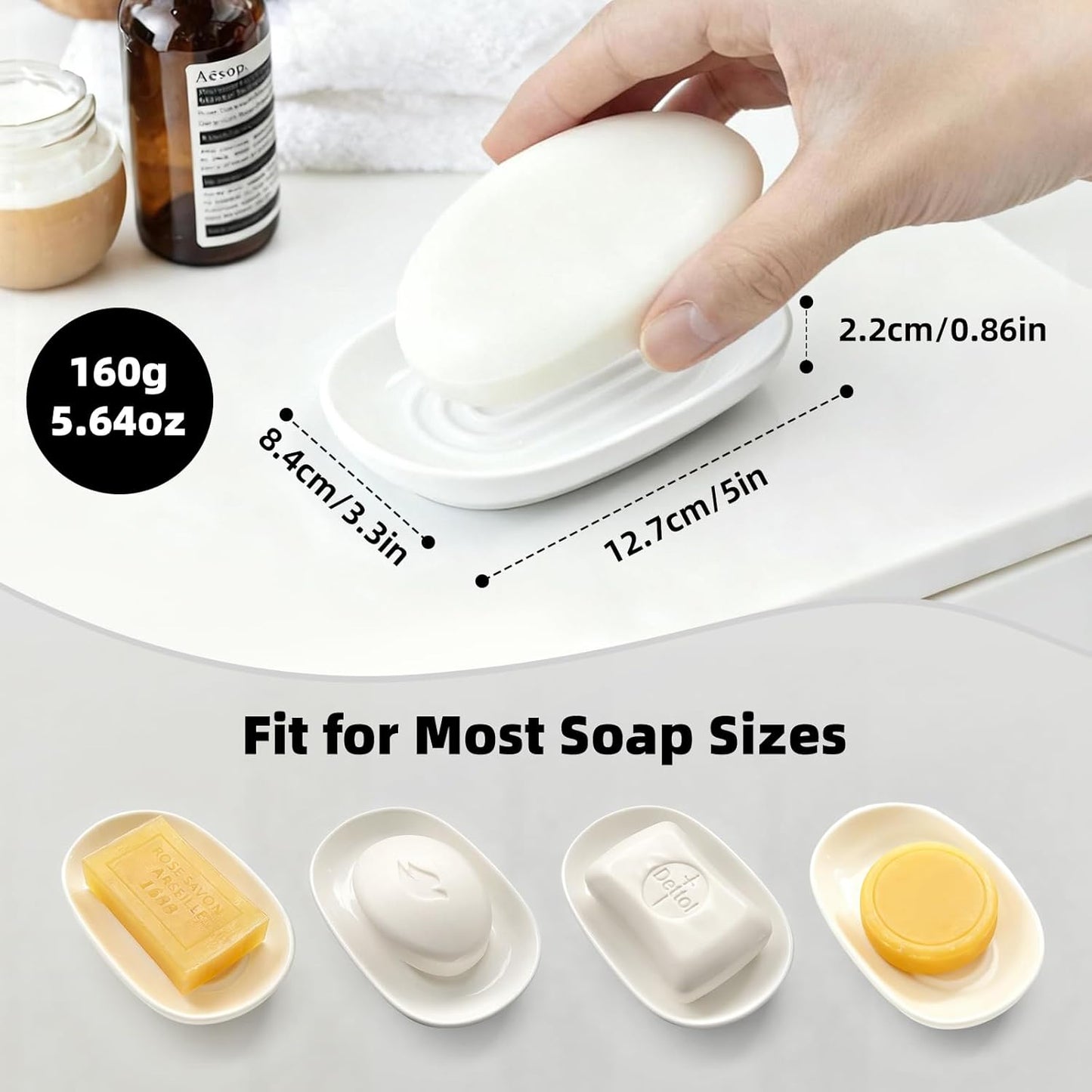 Ceramic Soap Dish for Bath Sink- Modern White Bar Soap Holder for Shower - Easy to Clean Multi-Purpose Oval Soap Dishes for Soap Bar, Sponges, Jewelry, Small Items | Fits Bathroom & Kitchen