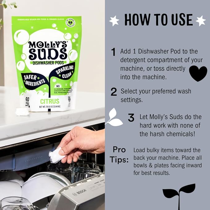 Molly's Suds Dishwasher Pods | Clean Dishwasher Detergent, Cuts Grease & Rinses Clean (Residue-Free) for Sparkling Dishes | 60 Auto-Release Tabs (Unscented)