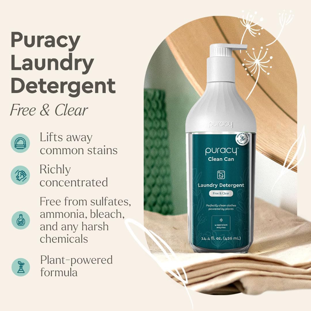 Puracy Liquid Laundry Detergent Clean Can Starter Set - Enzyme-Powered Liquid Laundry Detergent Concentrate, Natural Laundry Detergent Seen on TikTok, Non-Toxic (Free & Clear, 14.4 fl oz)