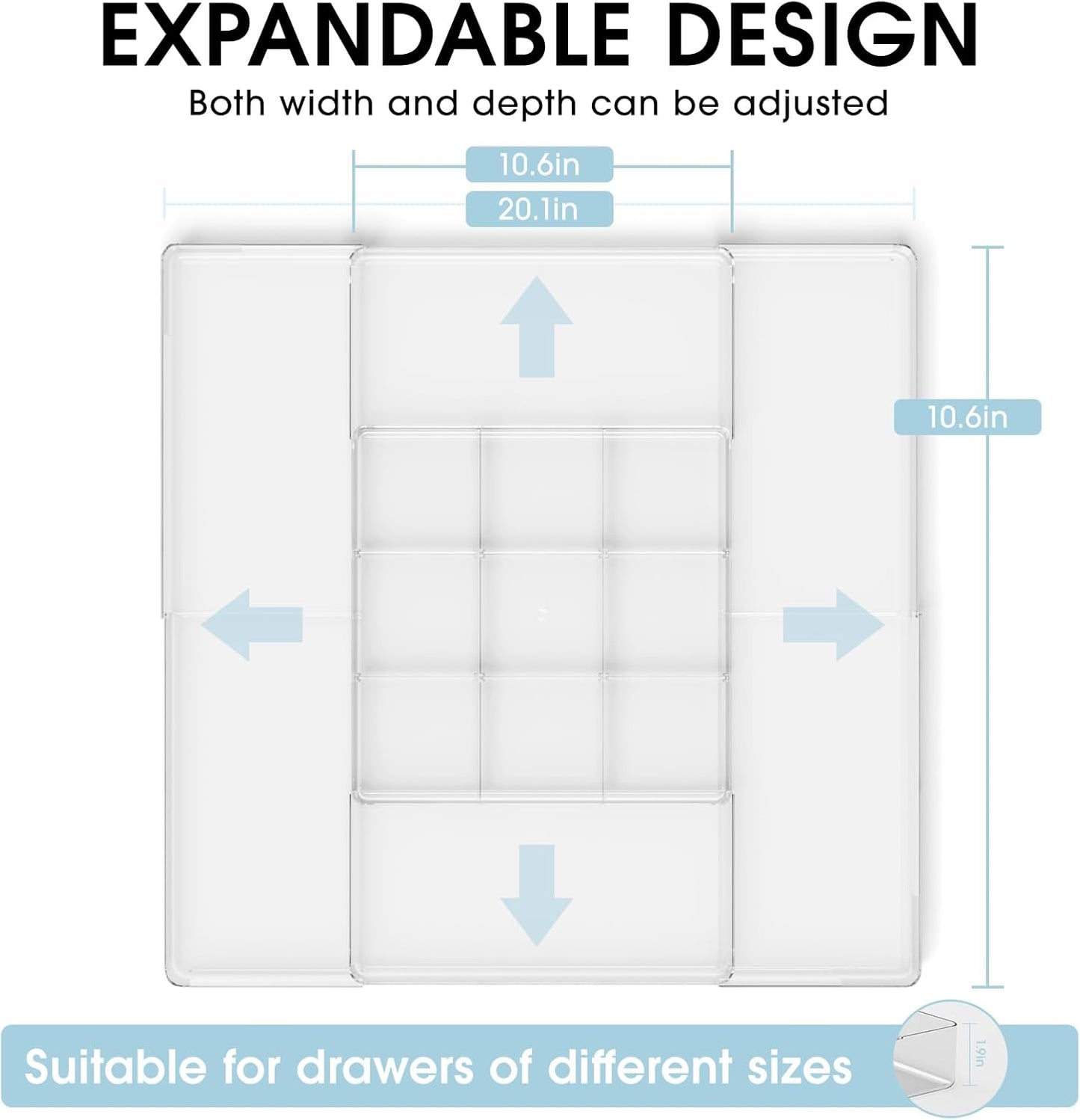 MIUOPUR Expandable Drawer Organizer, Width (10.6"-20.1") Depth (11"-20.1"), Clear Makeup Drawer Organizer with 6 Removable Dividers, Silverware Organizer, Great for kitchen and Bathroom Drawers