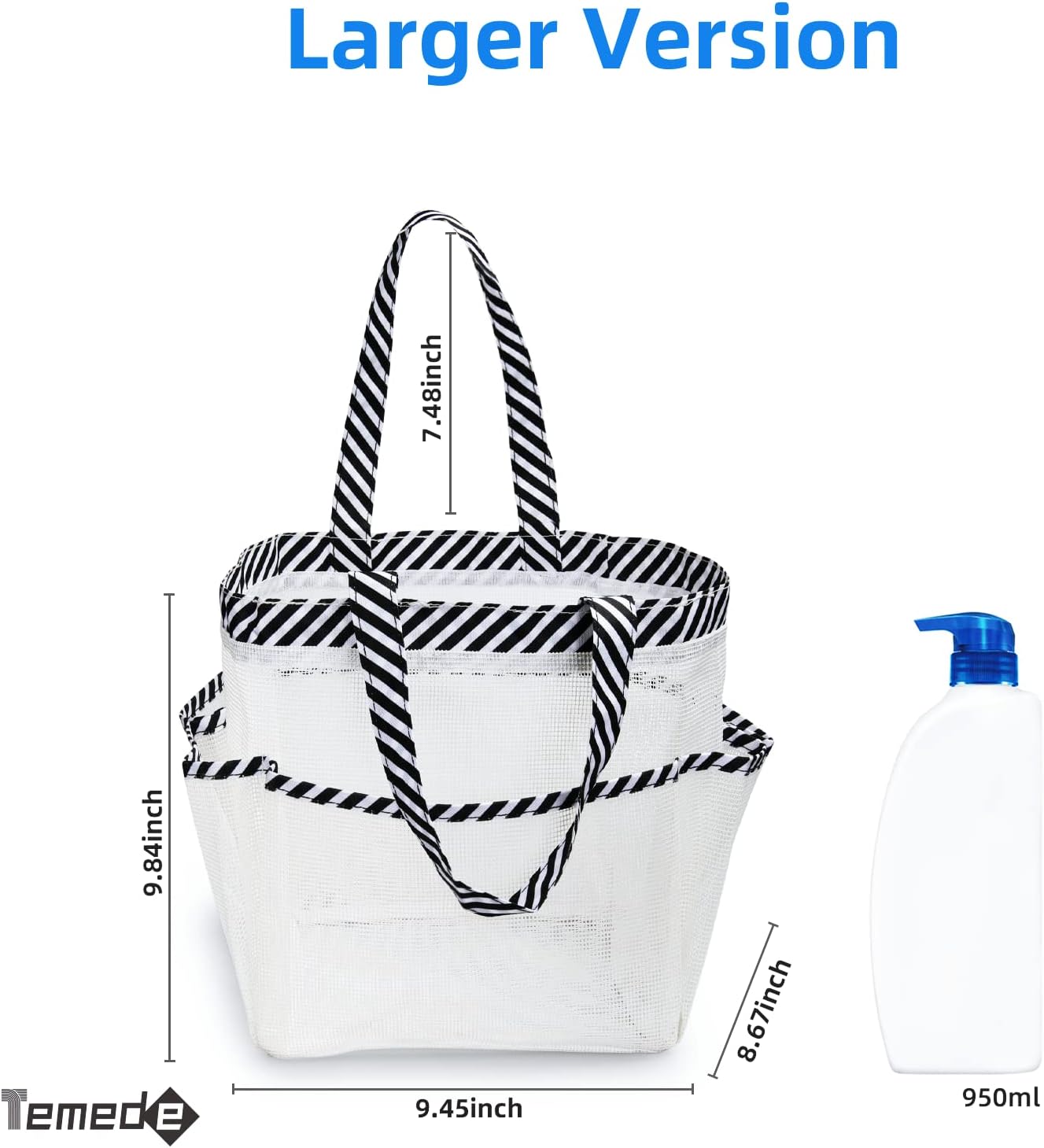 Temede Mesh Shower Caddy Portable for College Dorm Room Essentials, Large Capacity Shower Caddy Basket with 8 Pockets, Quick Dry Shower Tote Bag for Beach, Gym, Bathroom, Camp, Travel-White