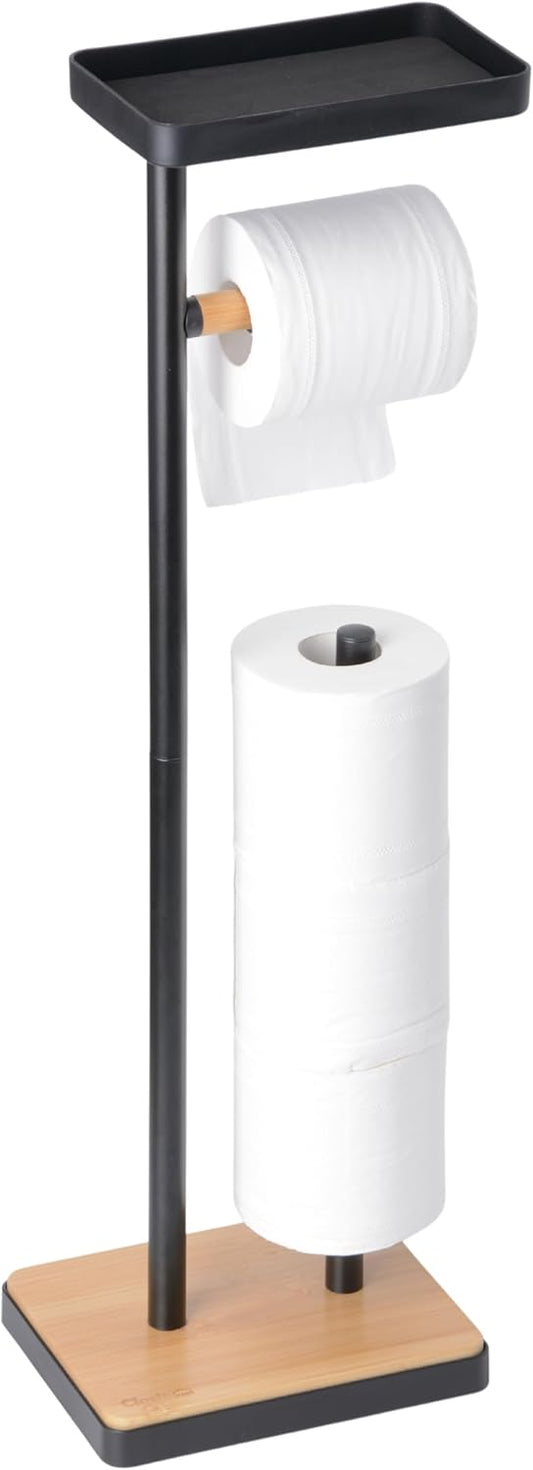 Toilet Paper Holder Stand, Free Standing Toilet Paper Holder with Storage and Top Shelf, Black Toilet Paper Stand Weighted Base with Bamboo Design for Bathroom