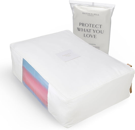 Hayden Hill Luxury Organic Cotton Sweater & Blanket Storage Bag - 20" Fits 9 Cashmere Sweaters or 2 Blankets - Moth Proof Garment Bag - Clothes Organizer With Zipper - Certified Carbon Neutral
