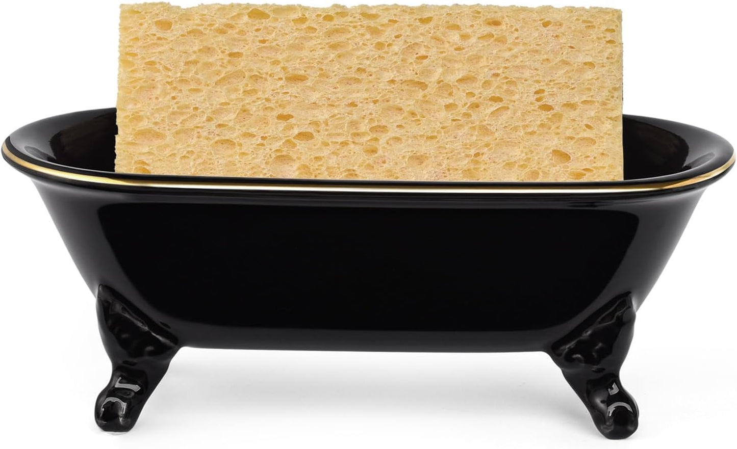 6.5" Ceramic Mini Decorative Clawfoot Bathtub Bar Soap Dish, Kitchen Sponge Holder and Shower Tray for Bathroom, 1 Pack (Black Gold Rim)
