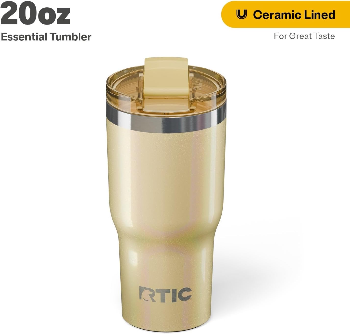 RTIC 20oz Essential Tumbler with Lid, Ceramic Lined, Insulated, Stainless Steel, Metal, Double Wall Vacuum-Insulation, Travel Cup for Iced Coffee, Tea, Hot and Cold Drink, Sunlight Glitter