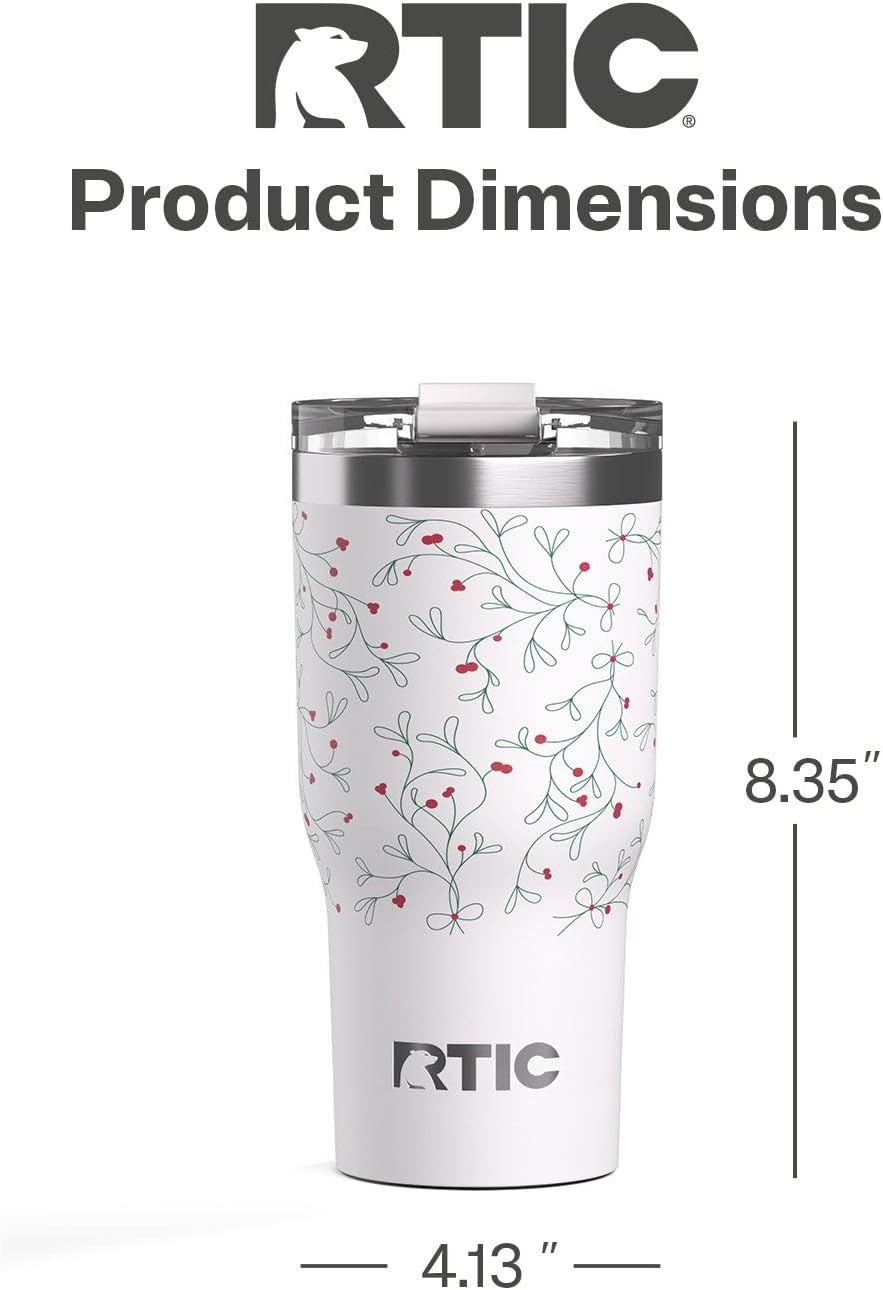 RTIC 30oz Essential Tumbler with Lid, Ceramic Lined, Insulated, Stainless Steel, Metal, Double Wall Vacuum-Insulation, Travel Cup for Iced Coffee, Tea, Hot and Cold Drink, Mistletoe