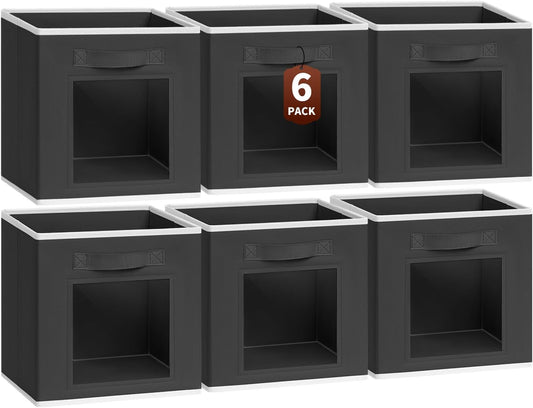 Cube Storage Bins - Fabric Shelves for Closet Organization, Foldable Storage Bins for Clothes, Decorative Storage Baskets with Window for Home, Set of 6, Black