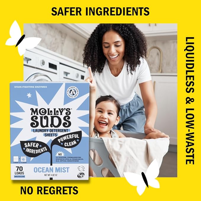 Molly’s Suds Laundry Detergent Sheets | Gentle on Sensitive Skin, Powerful Bio-Based Enzymes, Stain-Fighting | Liquidless & Plastic-Free Packaging | 120 Loads (Ocean Mist)