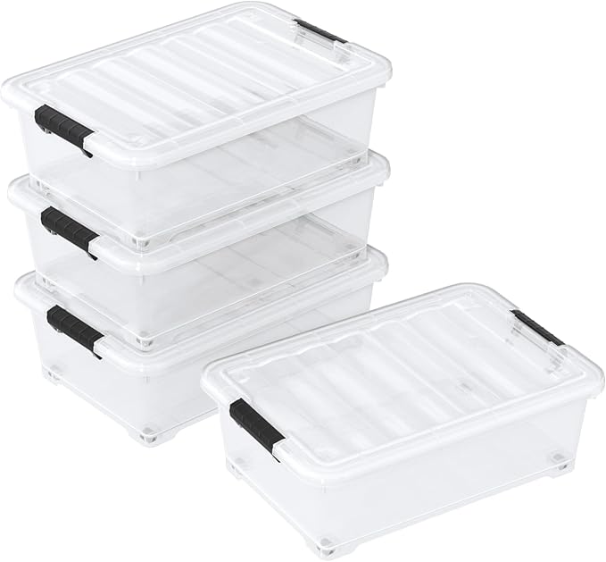 20 Quart Under Bed Plastic Latch Storage Totes with Wheels, Clear Underbed Storage Container, 4 Packs