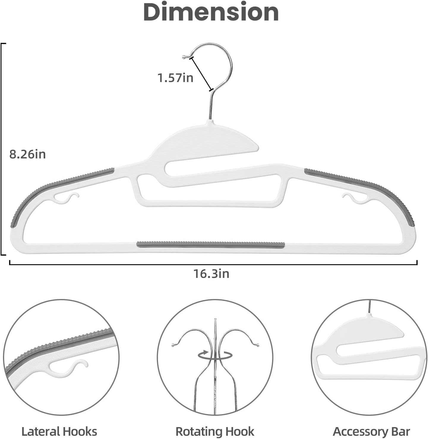 BAGAIL Plastic Hangers 50 Pack with Non-Slip Design,0.2 Inches Thick, 360°Swivel Hook Space Saving Organizer for Bedroom Closet,Shirts,Pants(White- S Shaped)