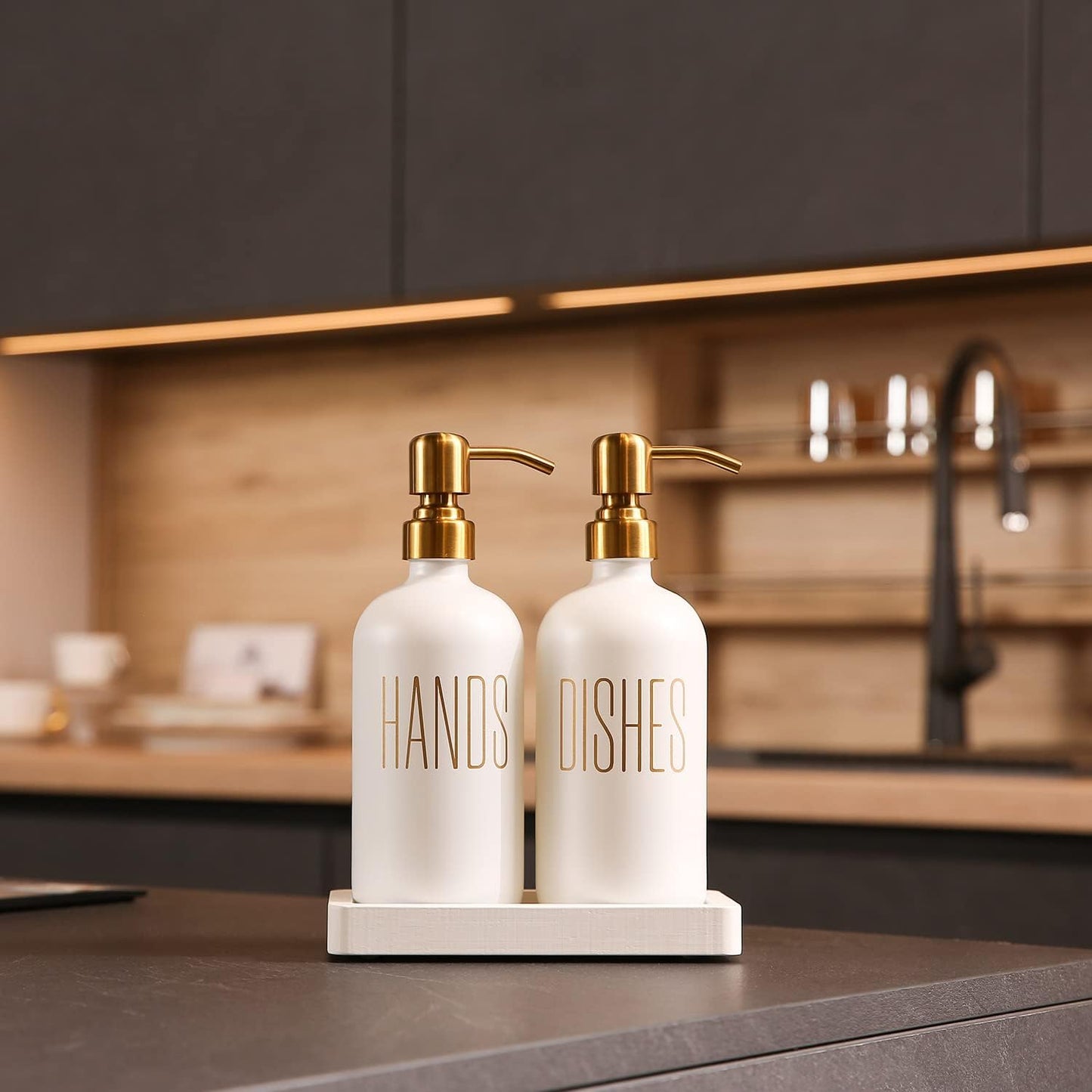 White Soap Dispenser Set, Contains Dish and Hand Soap Dispenser, Perfect for Kitchen Counter Decor. (White)