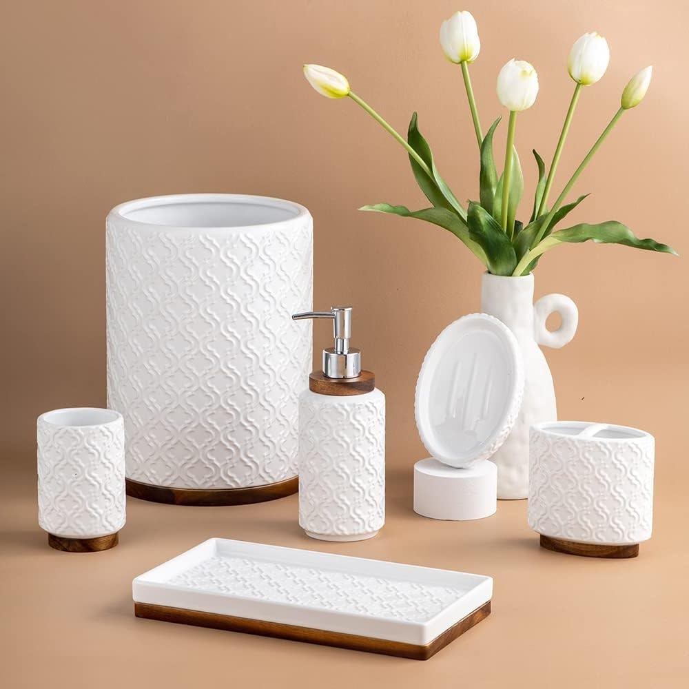 Bathroom Accessories Set 6 Pcs Ceramic Wooden Bathroom Set with Soap Dispenser Toothbrush Holder Tray Tumbler Soap Dish Trash Can（White）