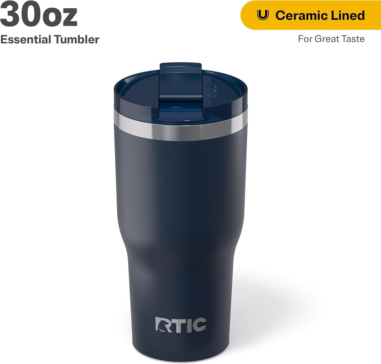 RTIC 30oz Essential Tumbler with Lid, Ceramic Lined, Insulated, Stainless Steel, Metal, Double Wall Vacuum-Insulation, Travel Cup for Iced Coffee, Tea, Hot and Cold Drink, Navy
