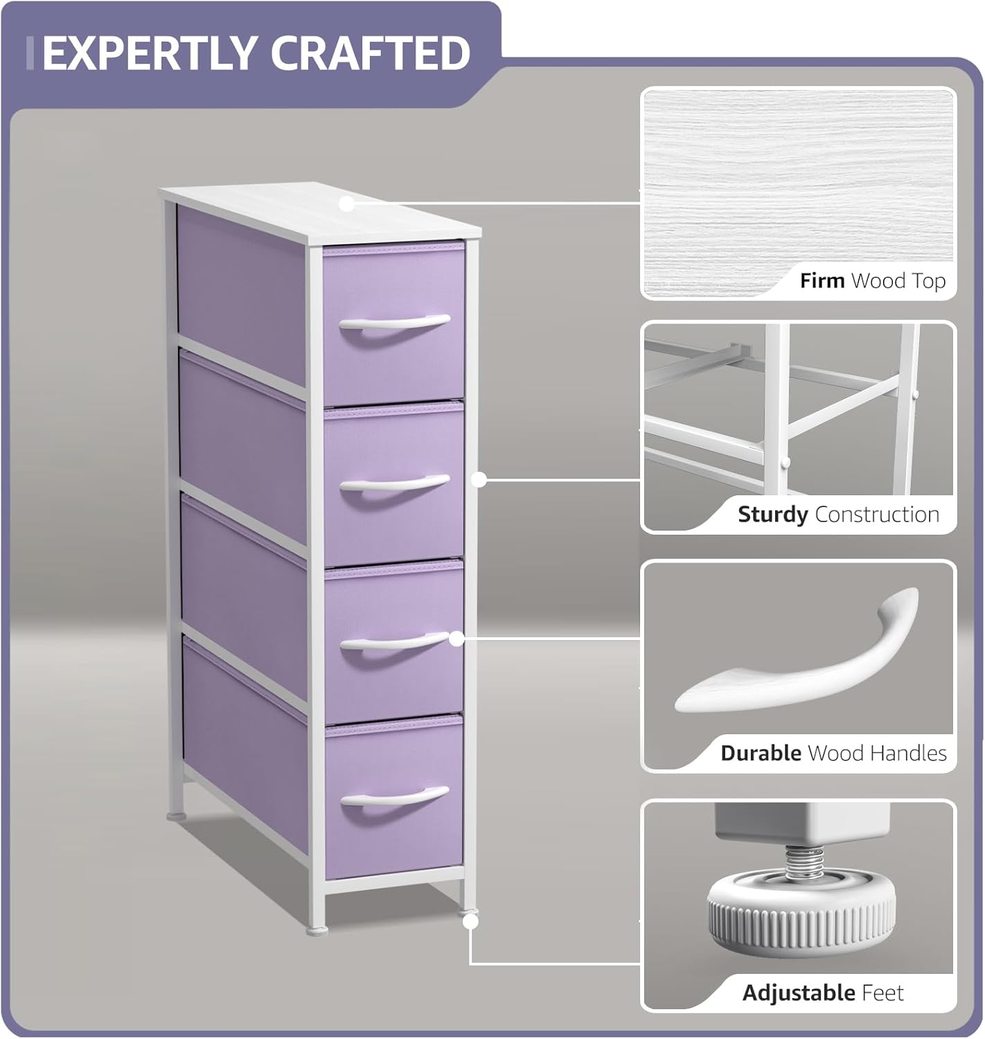 Sorbus Kids Narrow Dresser with 4 Drawers - Vertical Slim Storage Chest of Drawers with Steel Frame, Wood Top & Easy Pull Fabric Bins for Small Spaces, Closets, Bedroom, Bathroom & Laundry
