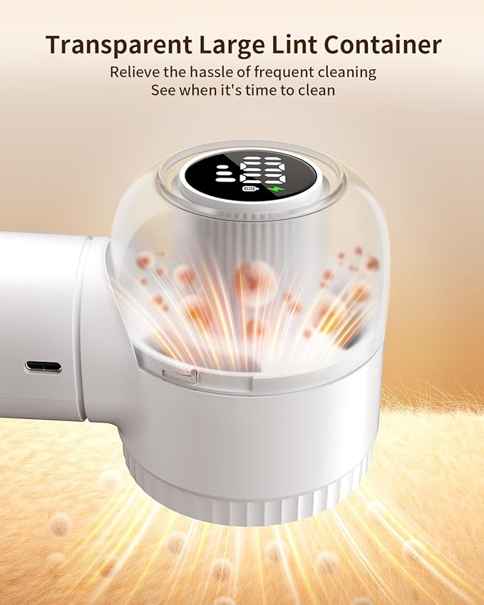 Fabric Shaver, 𝟮 𝗶𝗻 𝟭 Rechargeable Lint Remover with Brush, Large Sweater Shaver with Digital Display, 3 Speeds Lint Shaver, 6-Leaf Blades Lint Remover for Clothes, Sofa, Bedding, White
