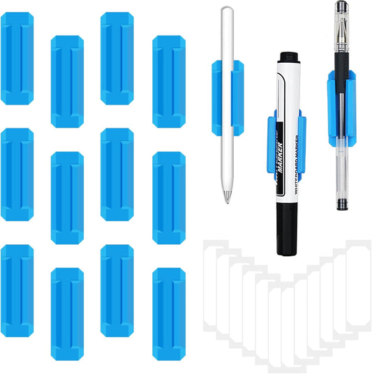 12 Pack Pen Holder for Desk, Silicone Pencil Holder with 12 Extra Adhesive Stickers, Adhesive Pen Holder & Marker Clip for Classroom Office Desk or Any Surface, Teacher Accessories Supplies (Blue)