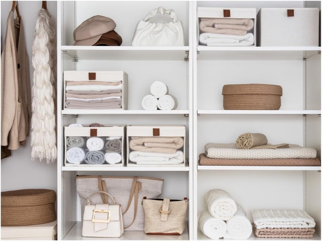 StorageWorks Closet Storage Bins, Storage Baskets with Clear Window and Handles, Foldable Fabric Organizer for Clothes, Shelves, Beige, 3 Pack