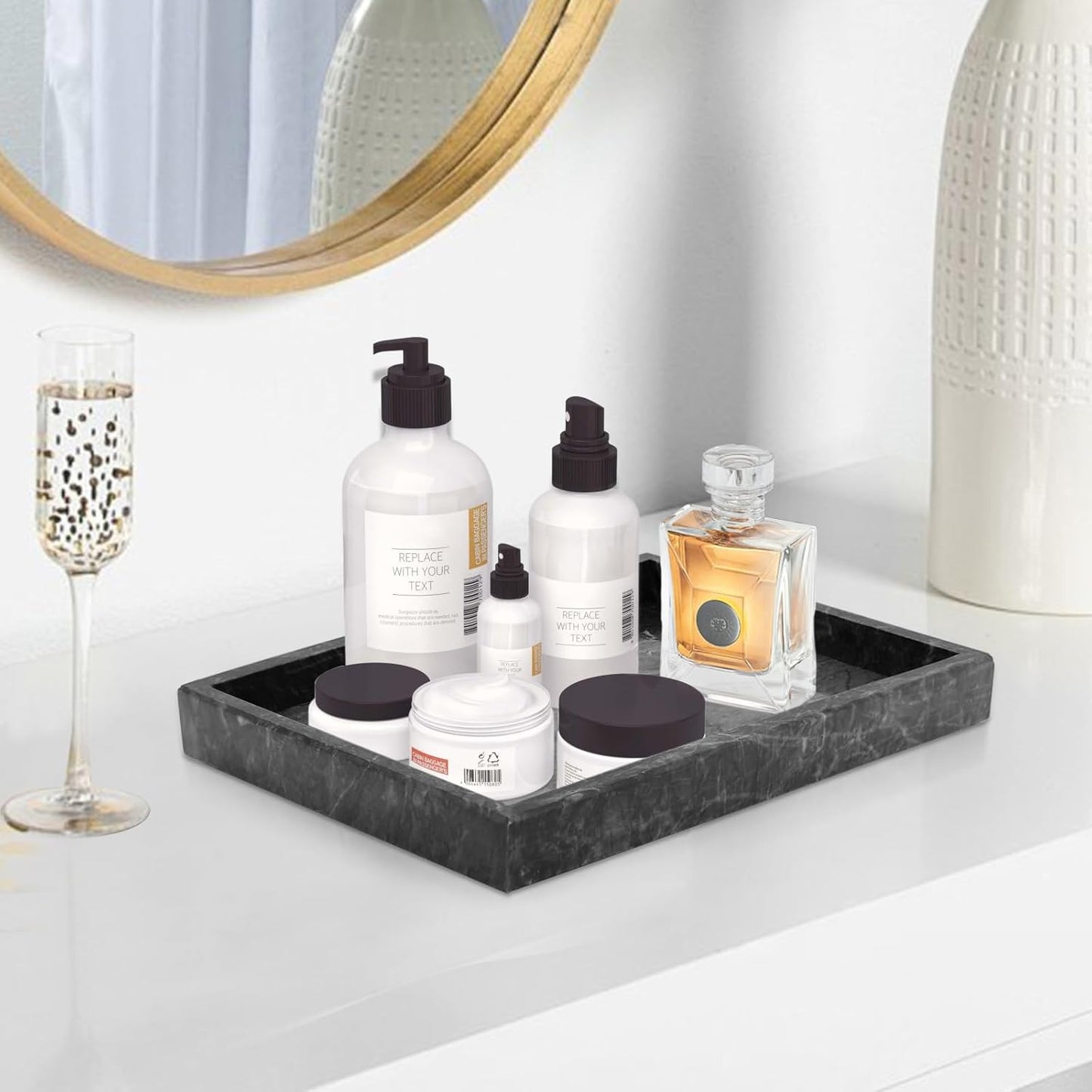 Marble Bathroom Tray,Pure Natural Vanity Tray,Marble Trays for Kitchen Counter Non-Ceramic/Non-Resin,Stone Tray 12 x 8 inch (Black) ﻿