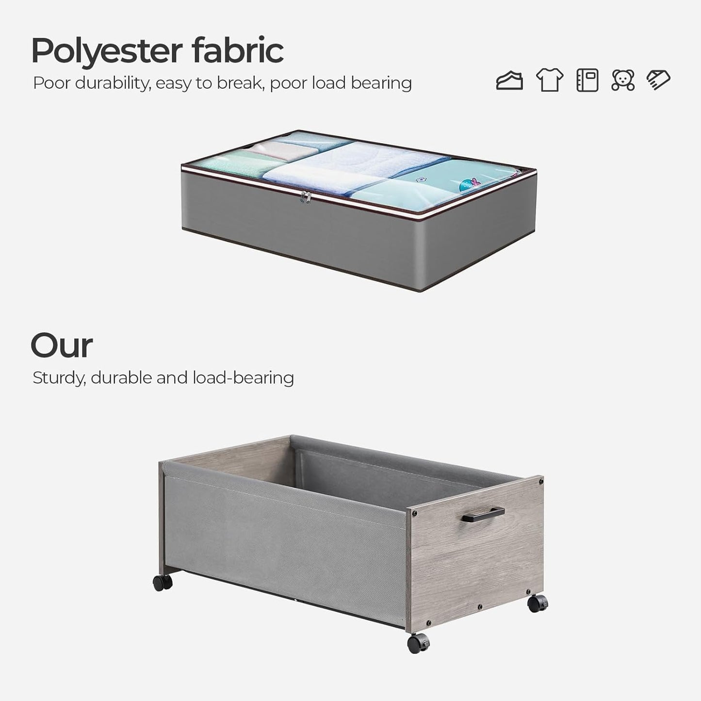 Under Bed Storage with Wheels, Wooden Under Bed Drawers On Wheels, Rolling Under Bed Shoe Storage, Space Saving,70L