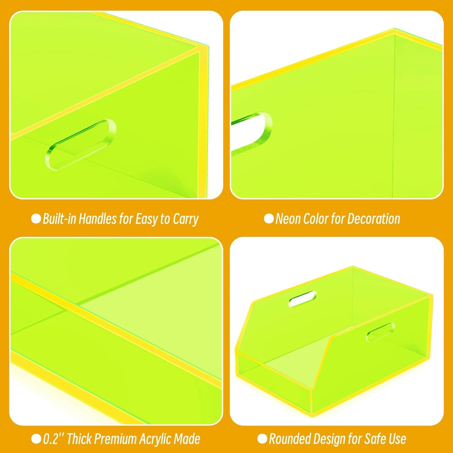 Stackable Large Storage Bin Organizer with Handles Acrylic Storage Container for Toy Pantry Kitchen Cabinet Bathroom Closet Office Organization, 15.4x11.4x6.7'', Neon Green