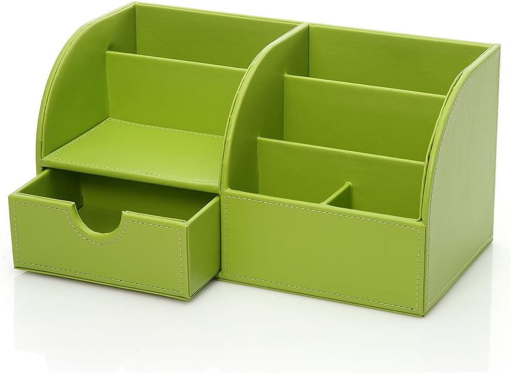 KINGFOM Pu Leather Desk Organizer Pen Pencil Holder Office Supplies Caddy Storage Box 6 Compartments with Drawer Green