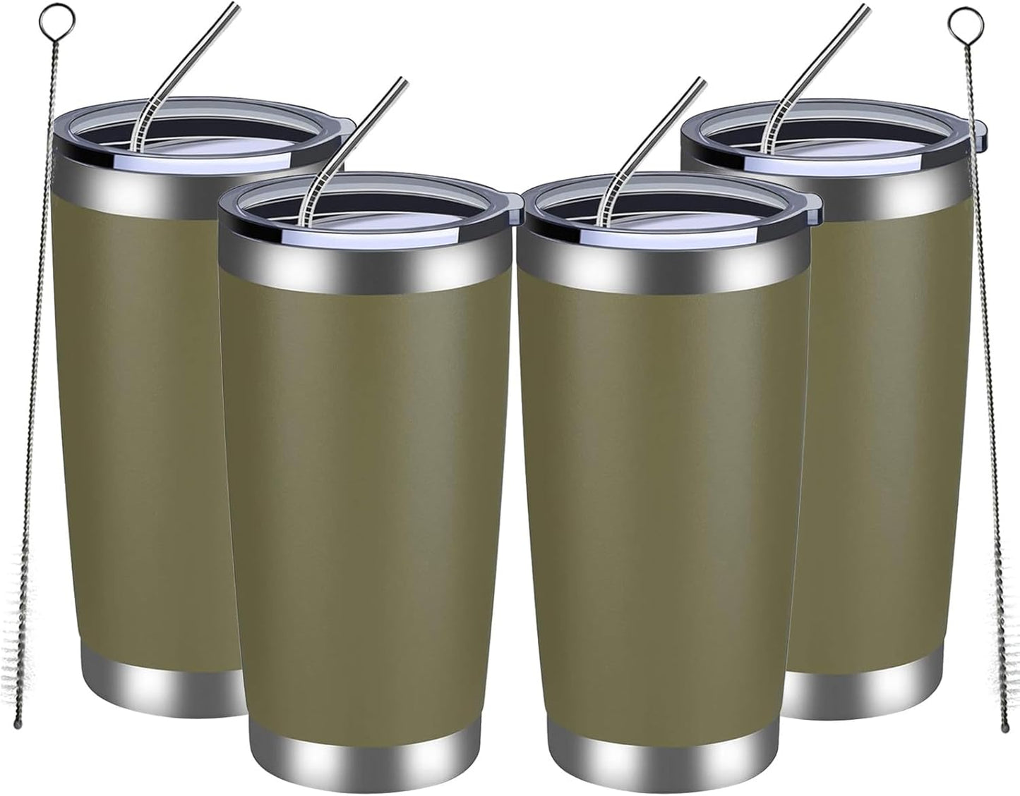 MEWAY 20oz Tumbler 4 Pack Double Wall Vacuum Insulated Travel Mug Bulk, Stainless Steel Tumblers with Lid and Straw, Durable Powder Coated Coffee Cups for Cold & Hot Drinks (Army Green, 4)