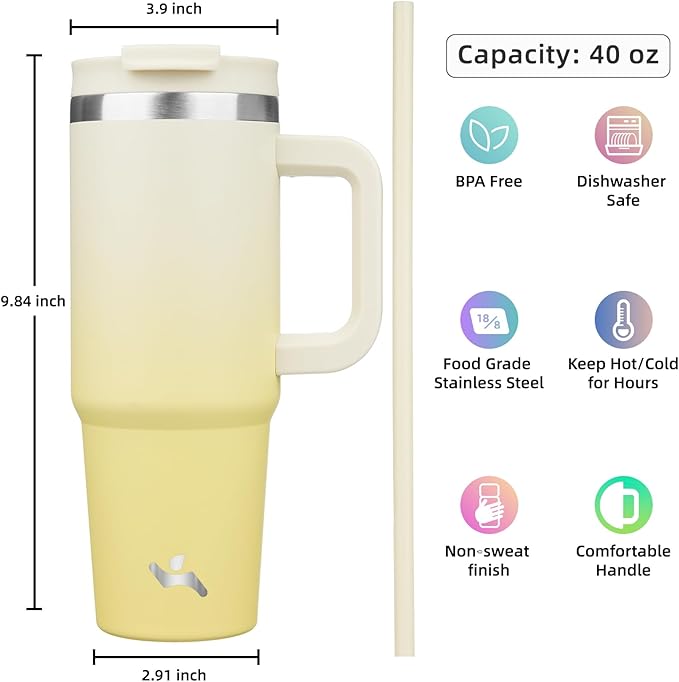 40 oz Tumbler with Handle and 2 Straws,2 in 1 Lid Insulated Water Bottle Stainless Steel Travel Coffee Mug,Lemon