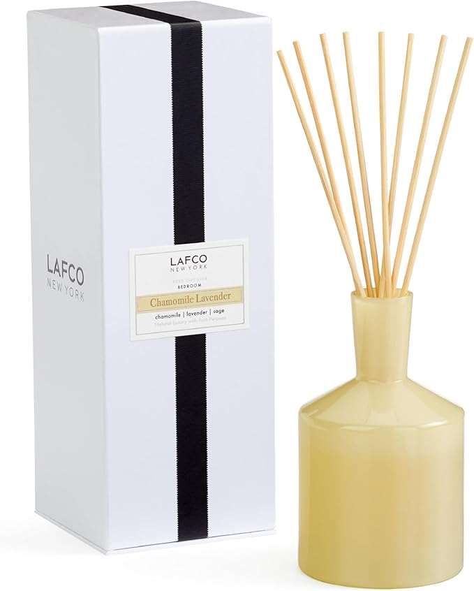LAFCO New York Classic Reed Diffuser, Chamomile Lavender - 6 oz - Up to 3 Months Fragrance Life - Reusable, Hand Blown Glass Vessel - Natural Wood Reeds - Made in The USA