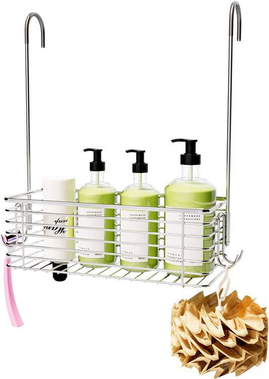 Over Door Shower Caddy, Stainless Steel Bathroom Organizer with Rotating Hooks, Hanging Storage Basket for Shampoo