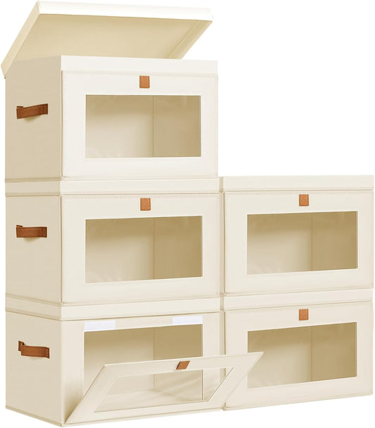 DIMJ Storage Bins with Lids - 5 Pack Large Fabric Closet Organizer with Window & Handles, Collapsible Decorative Storage Boxes for Shelves Under Bed, Books Clothes Blankets Sweaters Organization