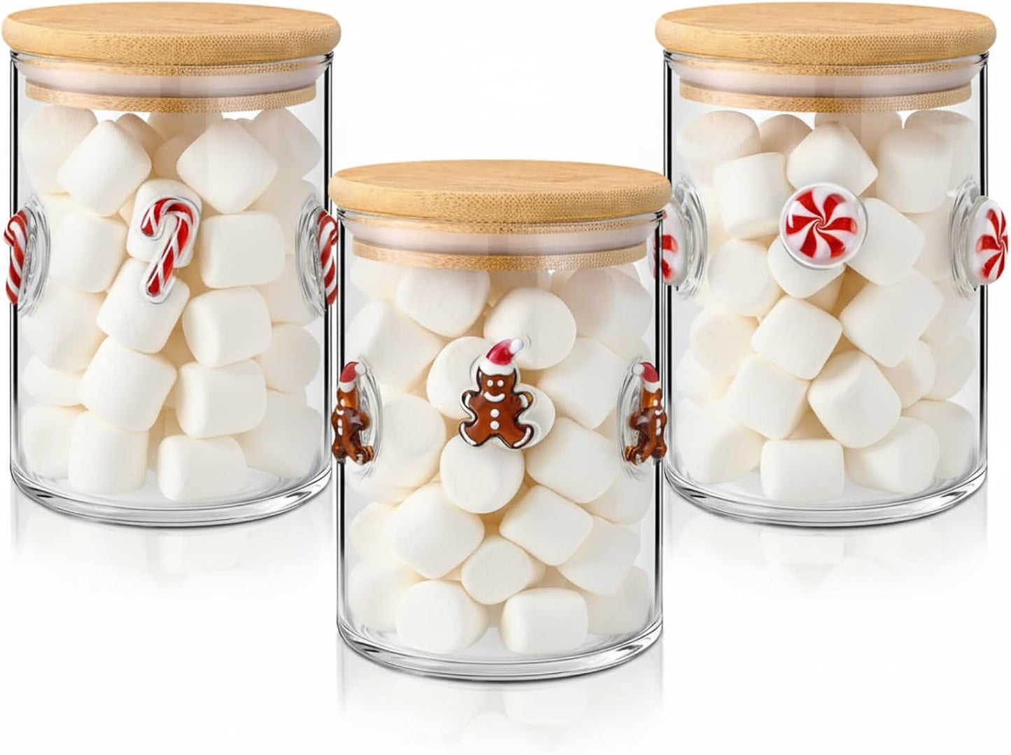 3 Pcs Christmas Icon Glass Storage Jars with Airtight Bamboo Lid Red White Cane Candy Gingerbread Man Christmas Icon Glass Jars Canister Set for Winter Xmas Home Kitchen Countertop