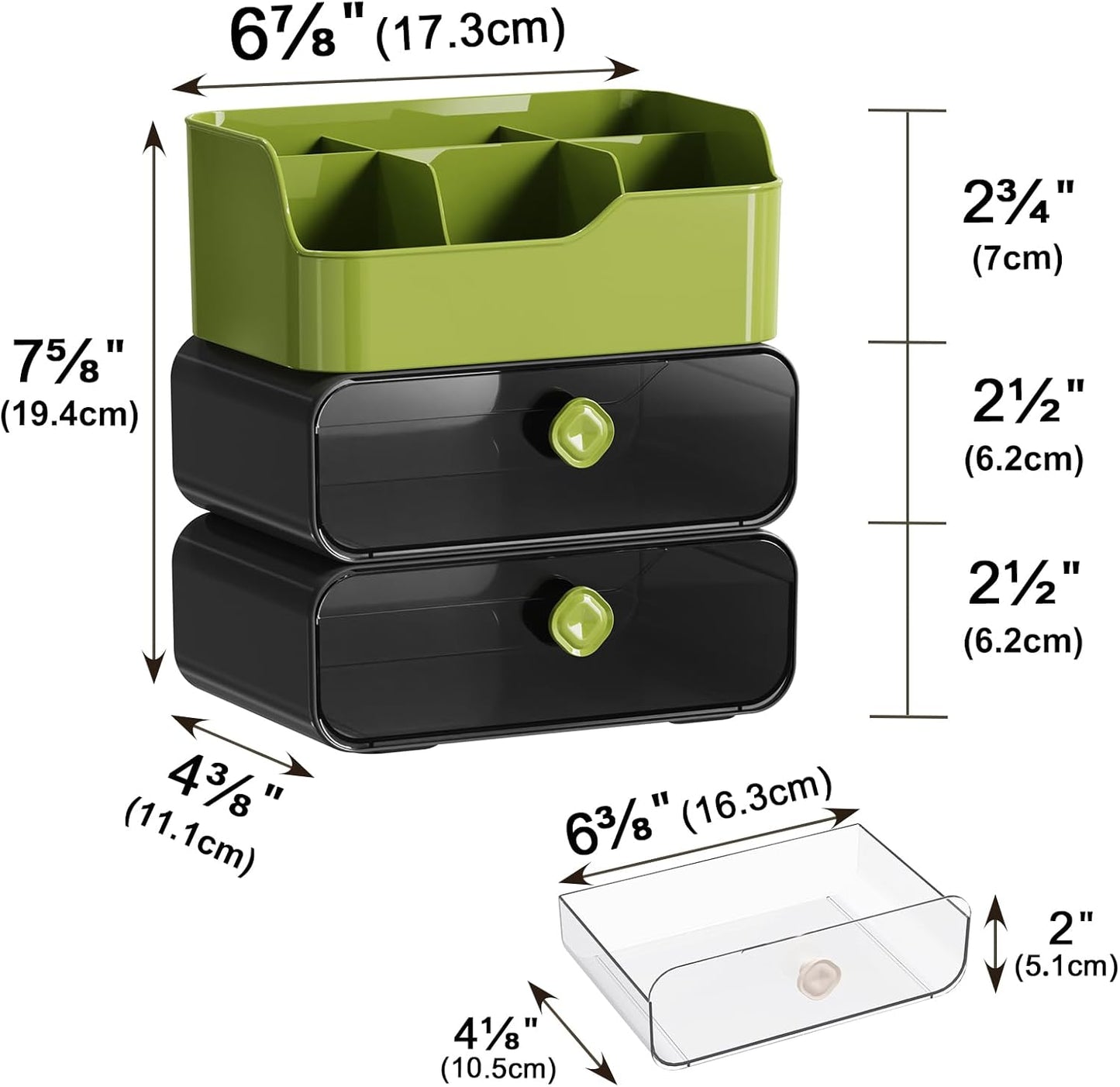 TEAMIX 3 Tier Desk Organizer with 2 Clear Drawers & 6 Slots, Stackable Desktop Drawer Organizer, Plastic Pencil Pen Holder Stationary Storage Makeup Organizer for Office/School/Art Supplies (Black)
