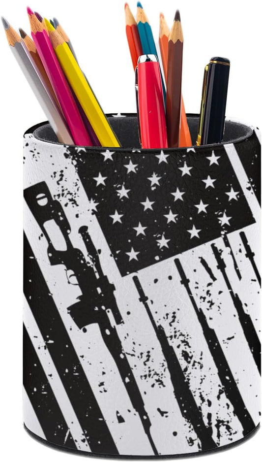 American Flag Pen Holder Pencil Organizer Cute Pencil Cup Desk Decor Makeup Brush Holder PU Multifunctional Office Suppliesfor Home Classroom School