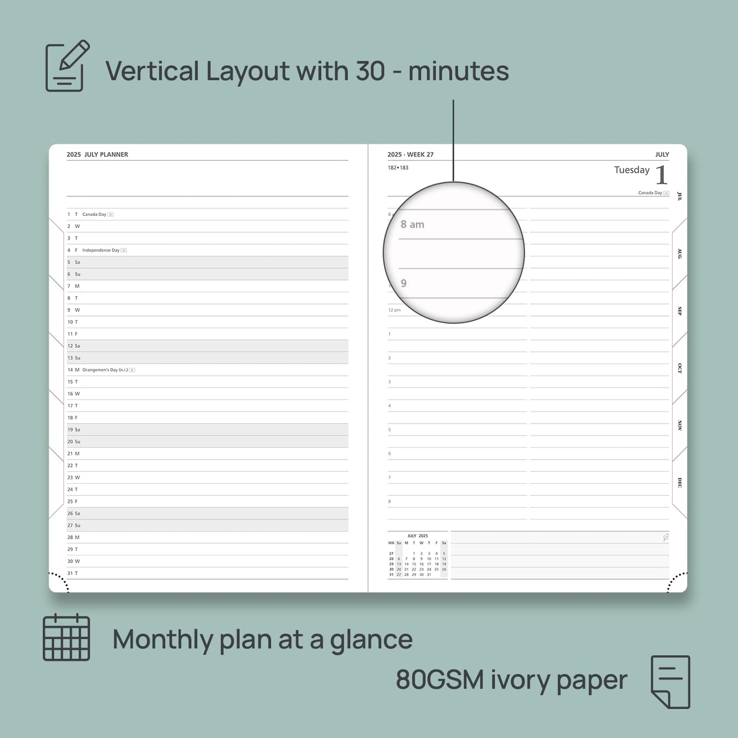 POPRUN 2025-2026 Daily Planner One Page Per Day (Large - 8.25'' x 12'') - Academic Calendar (July 2025 - June 2026), 2025 Day Appointment Book with Monthly Tabs, Hardcover - Pacific Green