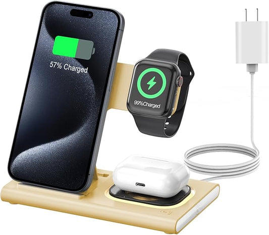 3 in 1 Charging Station for iPhone 17 - Wireless Charger for Apple Products for iPhone 17 16 15 14 13 12 11 Pro Max - Foldable Wireless Charging Station Dock Stand for iWatch Series & AirPods(Beige)