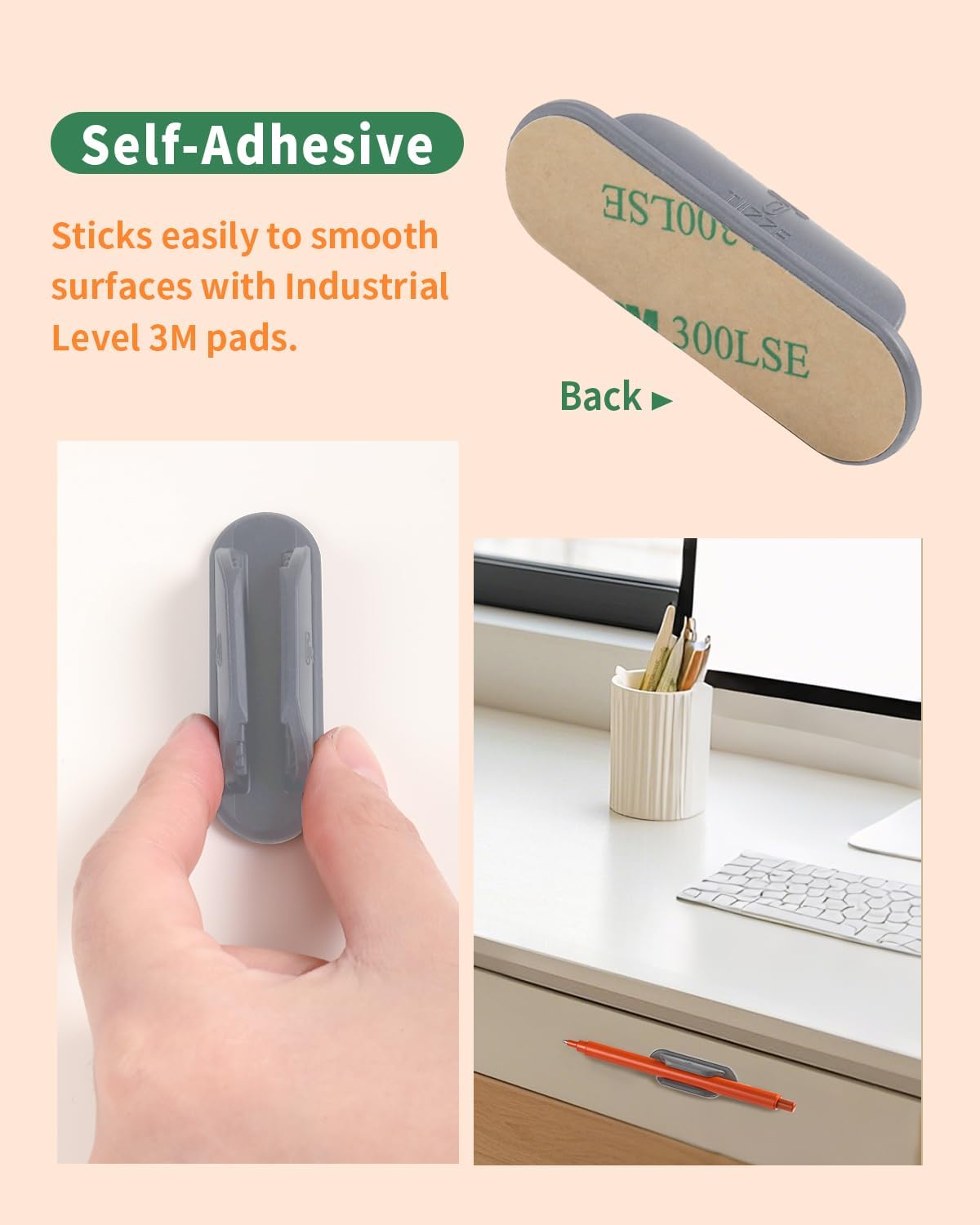 Adhesive Pencil Holders for Desk Set of 10 - Silicone Pen Holder with 15 PCS Adhesive Pads - Flexible Pencil Holder for Office Essentials Accessories and Teacher Supplies - Grey