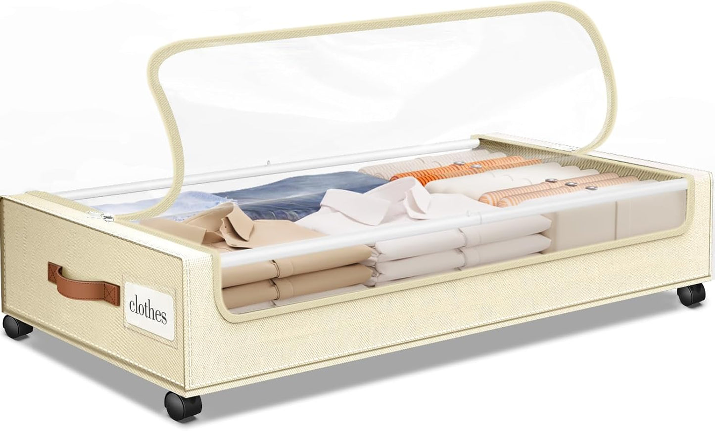 Under Bed Storage with Wheels 1Pack Underbed Storage with Clear Window&Label Under Bed Drawers Large Capacity Rolling Under Bed Storage for Clothes,Shoes, Blankets (Beige)
