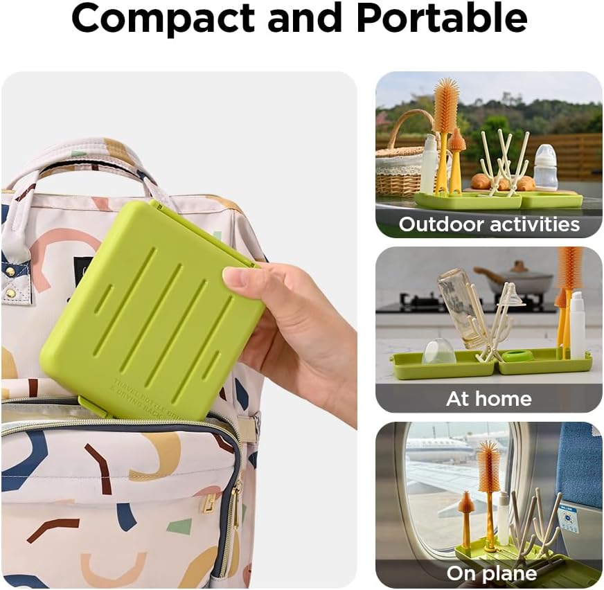 Travel Bottle Brush with Portable Bottle Drying Rack, Baby Bottle Brush for Baby Travel Essential, Green