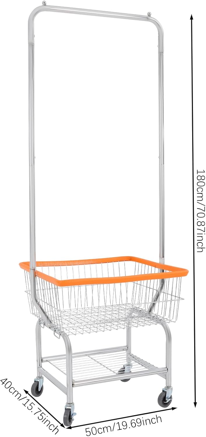 Laundry Basket with Wheels,Commercial Heavy Duty Rolling Wire Lau-ndry Ba-sket Cart with Rod Rack for Clothes Storage (Type 4)