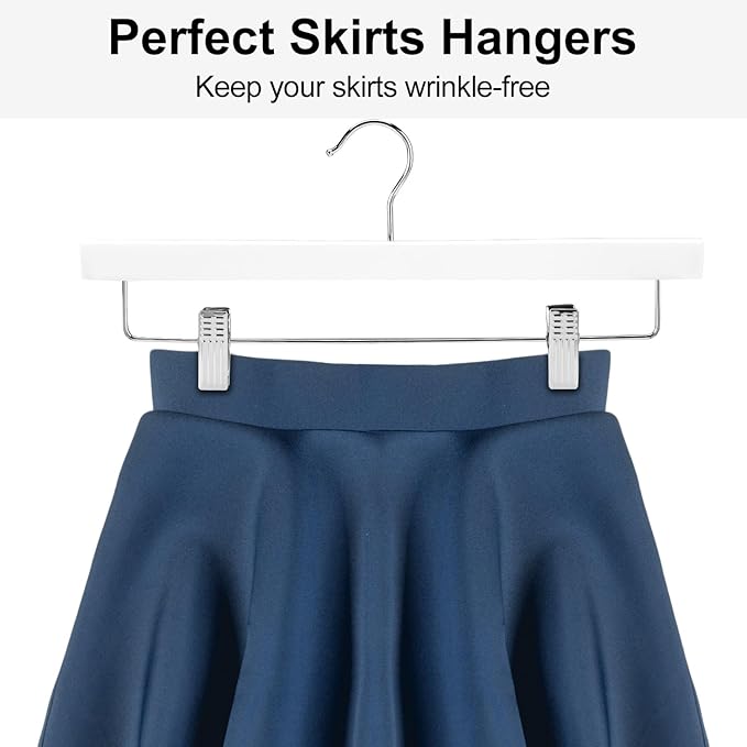 AMKUFO 20pcs Wooden Pants Hangers Solid Pants Hangers with Adjustable Clips 14 Inch White Wood Skirt Hangers Trousers Bottom Hangers with Non-Slip Clips and 360° Swivel Hook