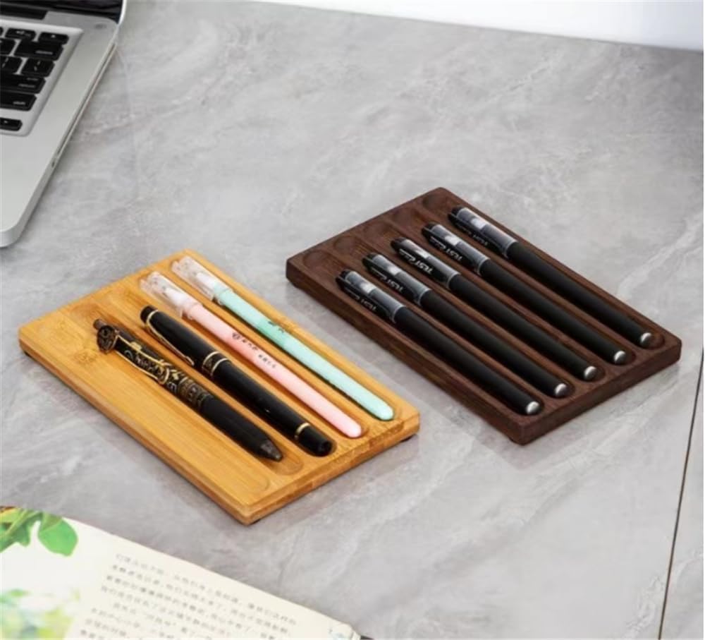 Pen holder Organizer of Office desks,Walnut Desk Pen Stand,Wave Pen Tray Accessory,Teacher Gifts,Suitable for School,Home,Desktop Art Accessories (Log, 5 Grid)