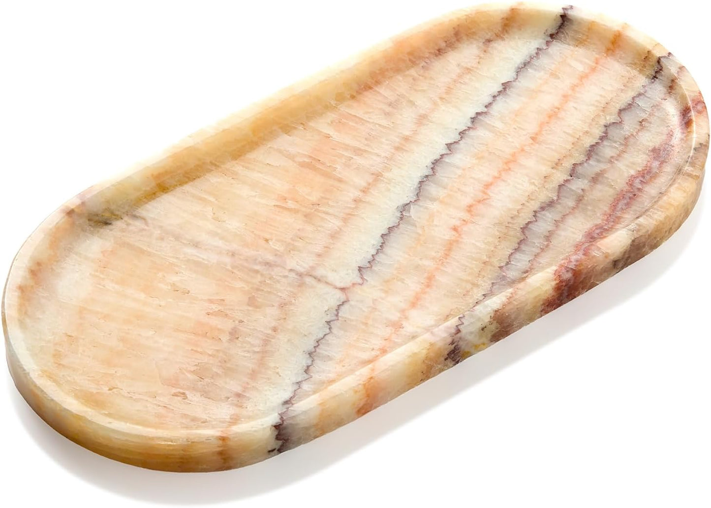 Natural Marble Decorative Tray for Countertop Organizer,Vanity Tray Trays for Jewelry Perfume Candle, Luxury Oval Stone Dish for Bathroom, Bedroom, 9.8"x4.4" Catchall Tray, Rose