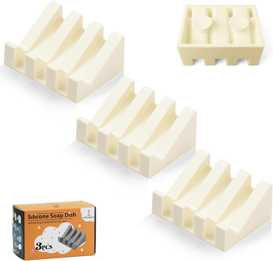 Silicone Soap Dish with Drain, Upgrade Double Suction Cups at The Bottom for Anti-Slip and Stability, Soap Dish Shower Waterfall Bar Soap Holder Tray with Drain Soap Holder (3, CreamWhite)