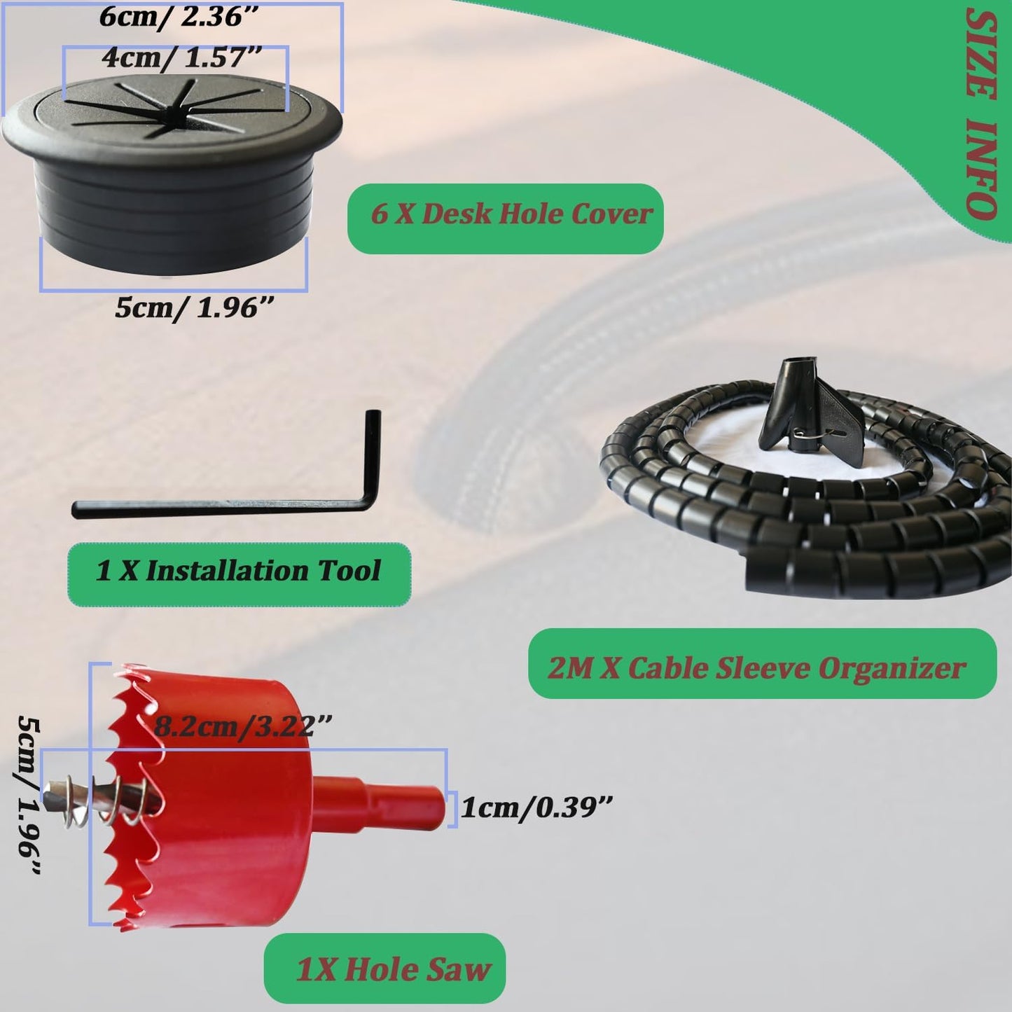 6 Pcs Desk Grommet, Black Desk Hole Cover for Cables with BI-Metal Hole Saw Kit, 2m Cable Sleeve Organizer and Clip Optimize The Management of Wire Winding Easily Achieve Desktop Clean