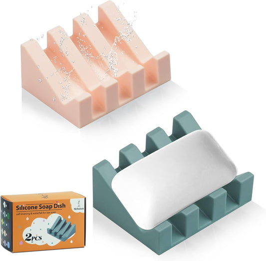 Silicone Soap Dish for Bar Soap Holder for Shower Bathroom Self Draining Waterfall Drying Tray Keep Soap Bars Dry Clean & Easy Cleaning (Pink/Green, 2)