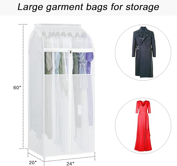 Zilink 60“ Hanging Garment Bags for Closet Storage Large Clear Window Hanging Clothes Storage Garment Rack Cover Dress Protector for Suit, Coat, Wardrobe, Bottom Enclosed, Set of 2