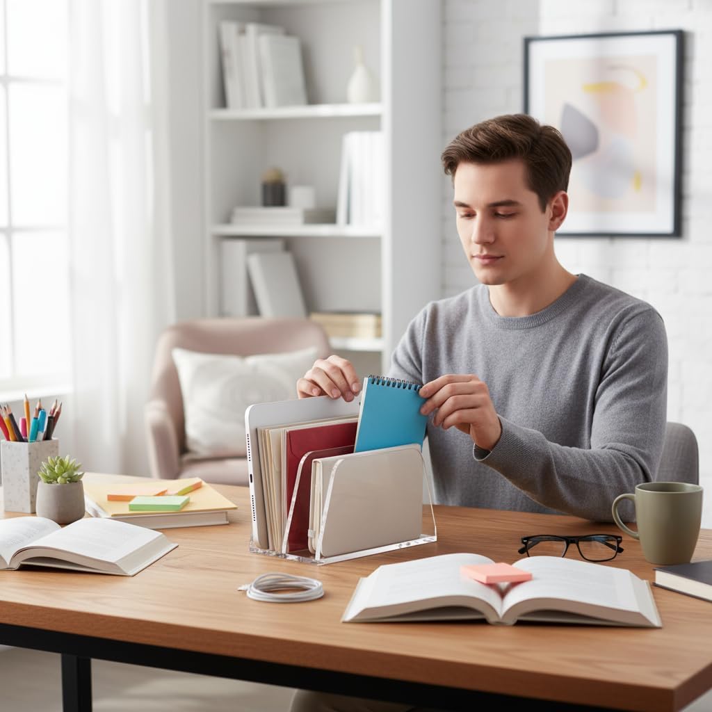 YUXUN Desk File Organizer Upright Clear Acrylic Desktop Organizer File Sorter Office Organization File Holder 4-Section Bookshelf for Home, Office & Classroom