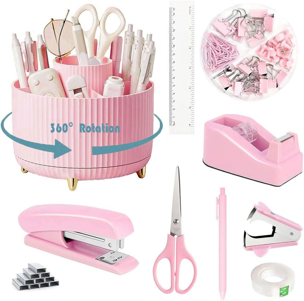 Desk Organizers and Accessories Set with 360-Degree Rotating Pen Holder, Tape Dispenser, Stapler, Staple Remover, 1000 Staples, Tape, Clips Set, Ruler, Scissor, Pen