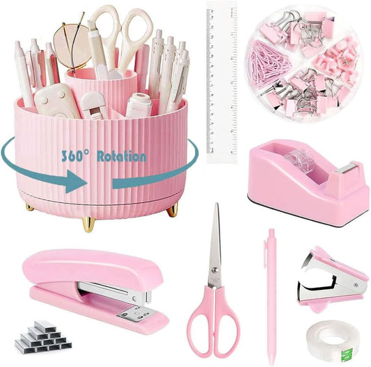 Desk Organizers and Accessories Set with 360-Degree Rotating Pen Holder, Tape Dispenser, Stapler, Staple Remover, 1000 Staples, Tape, Clips Set, Ruler, Scissor, Pen